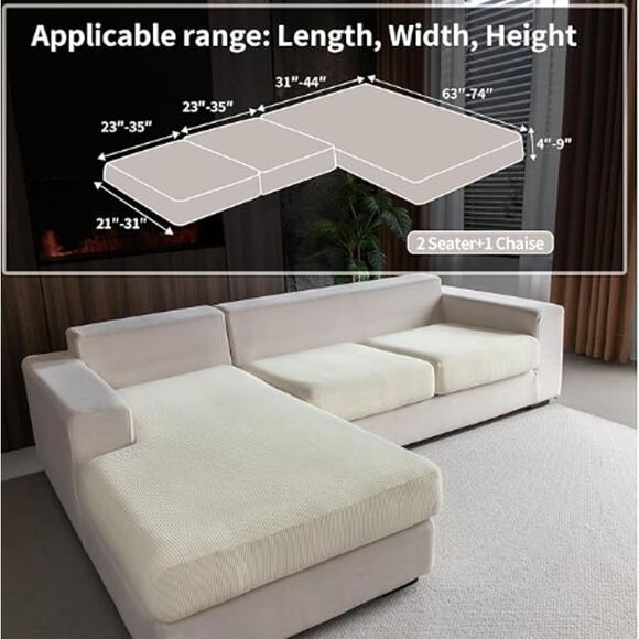 NEW Sectional Couch Covers- Sofa Protector (3 Pieces 2 Seaters+1 Chaise)- Ivory - Picture 2 of 4